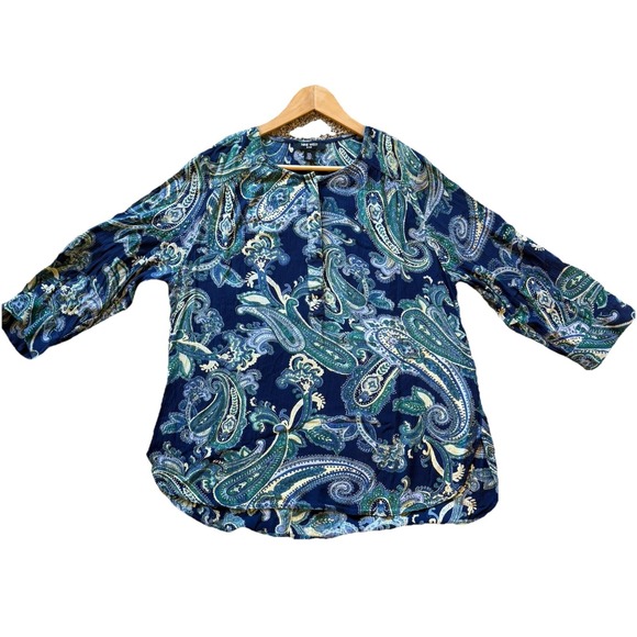 Nine West XL Top Navy/Yellow Paisley Round Neck 3/4 Sleeve Partial Button Front - Picture 11 of 16
